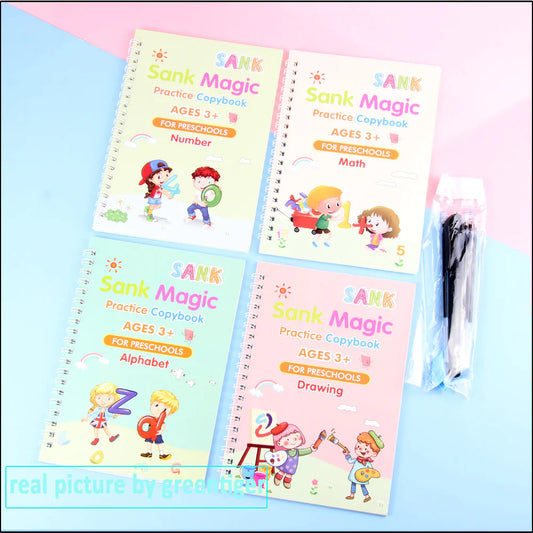 Magic Practice Copybook (4 BOOKS+INK REFILL), Practice book For Montessori children Tracing Handwriting Magic books for kids education